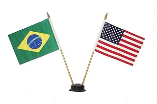 USA & BRASIL BRAZIL Small 4 X 6 Inch Mini Double Country Stick Flag Banner with BLACK STAND on a 10 Inch Plastic Pole .. New