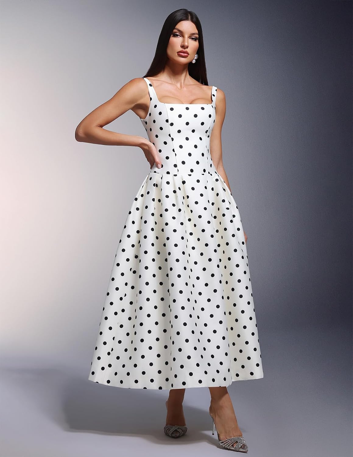 BELLA BARNETT White Spaghetti Strap Satin Polka Dot Dress for Women Maxi Vintage Pleated Prom Homecoming Dress