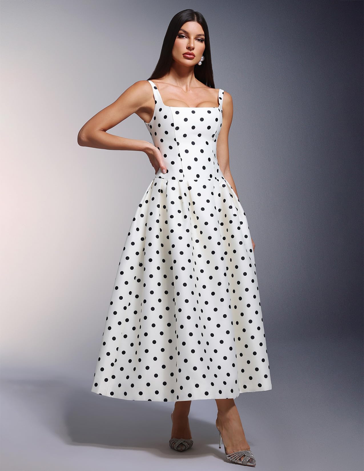 BELLA BARNETT White Spaghetti Strap Satin Polka Dot Dress for Women Maxi Vintage Pleated Prom Homecoming Dress product thumbnail 6