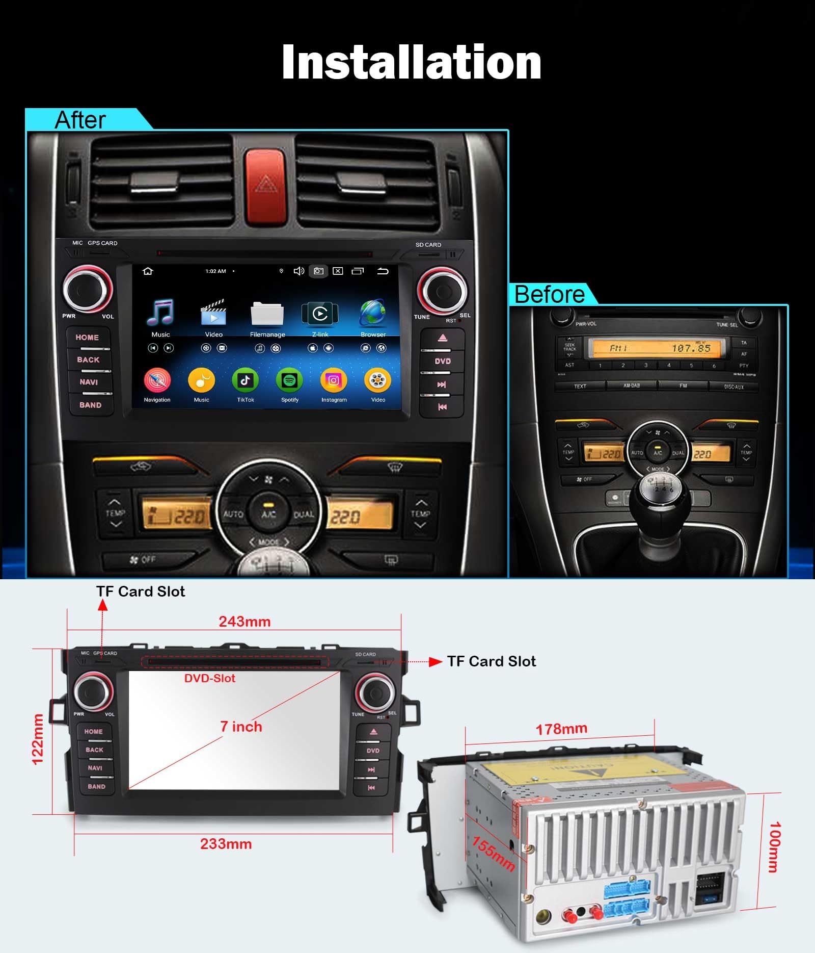Android 16 Radio Coche Estéreo Bluetooth GPS Navegador para Toyota Auris E15, Wireless Carplay& Android Auto DSP Bluetooth A2DP WiFi Dab+ Pantalla táctil FM Radio 4GB+64GB