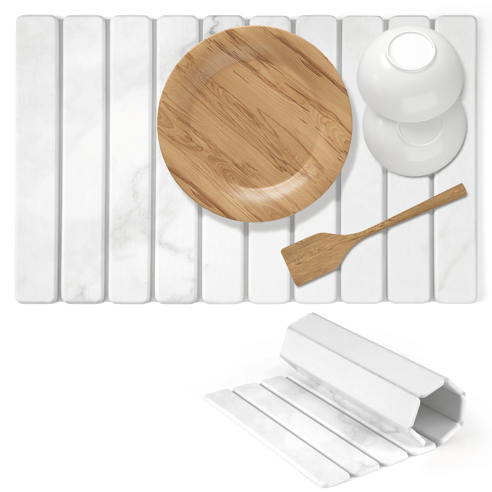 Tappetino scolapiatti 60 x 39 cm, ad asciugatura rapida, in terra di diatomee, multiuso, assorbente, design in marmo bianco per un'asciugatura efficiente dei piatti