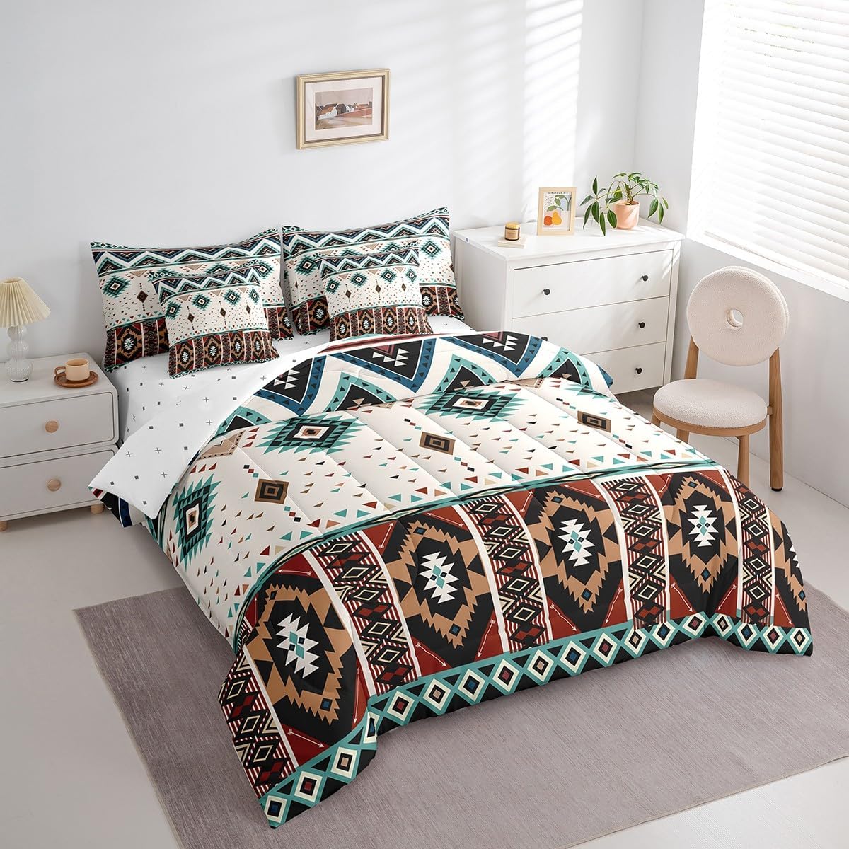 Feelyou Southwestern 7 Piece Bedding Set Twin Size Rustic Farmhouse Western Comforter Set with Sheets for Kids Adult Geometric Aztec Bed in a Bag Vintage Bohemian Bed Set