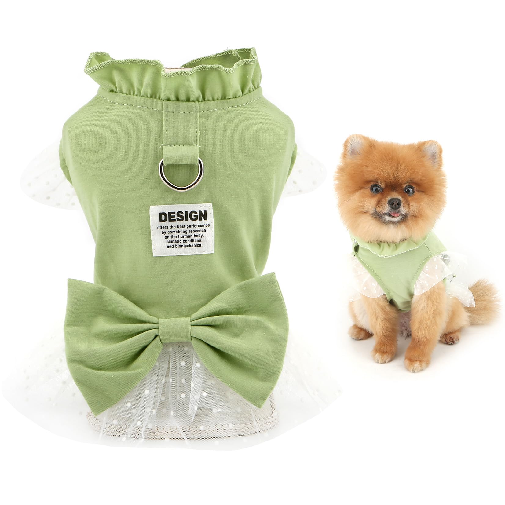 SMALLLEE_LUCKY_STORE Polka Dot Dog Dress for Extra Small and Small Dog Female Tulle Puppy Harness Skirt with D-ring Bowknot Summer Spring Comfortable Pet Clothes Yorkie Chihuahua Cats Apparel Green XS