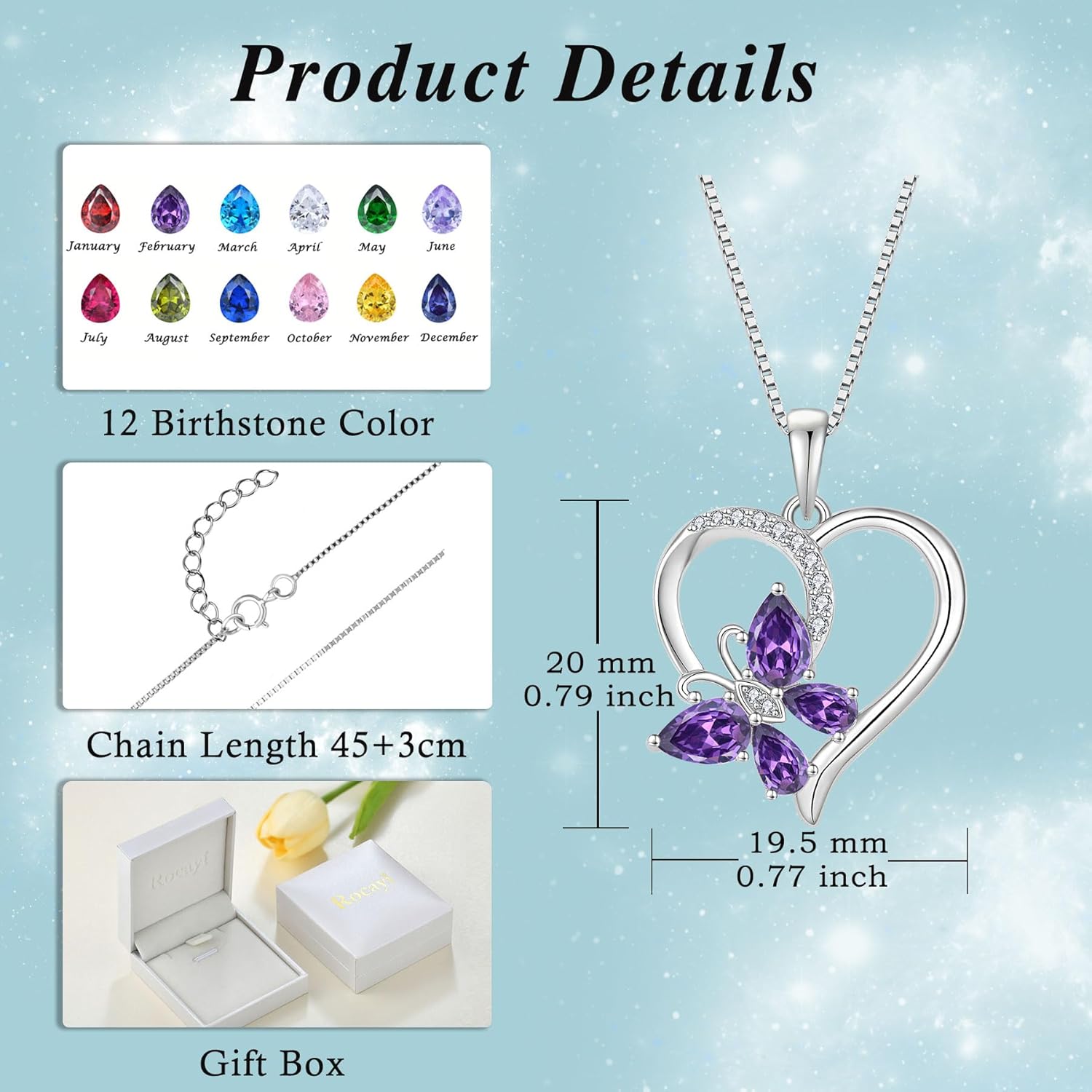 Heart Butterfly Necklace for Women 925 Sterling Silver Birthstone Jewelry Gifts for Her - Image 6