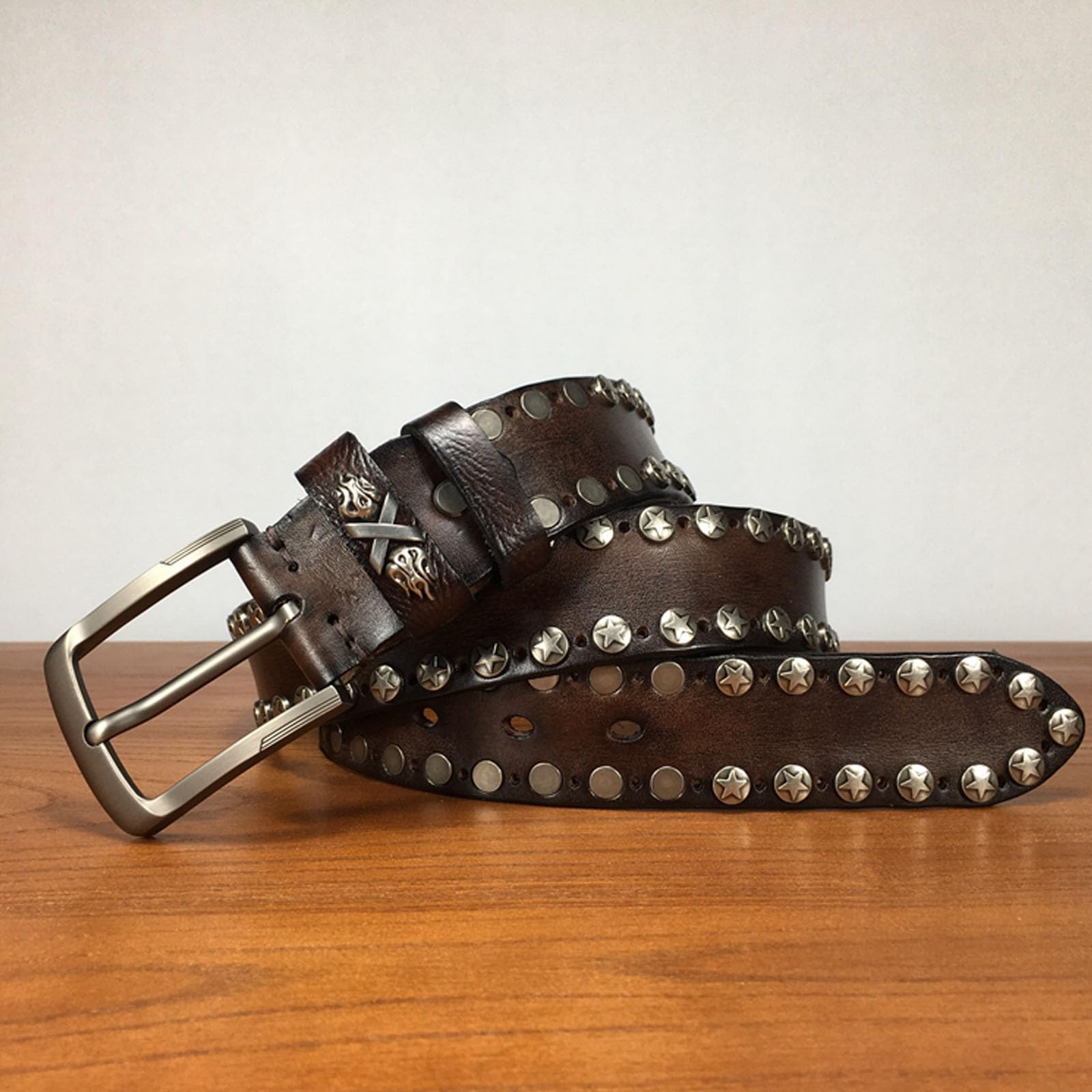 Cinturones Hombre Rivet, Cinturon Remache Ajustable Retro Punk Rock, Cinturón Occidental Tachonado de Cuero Genuino con Hebilla de Metal Aleación,Marrón,120CM/47.3''