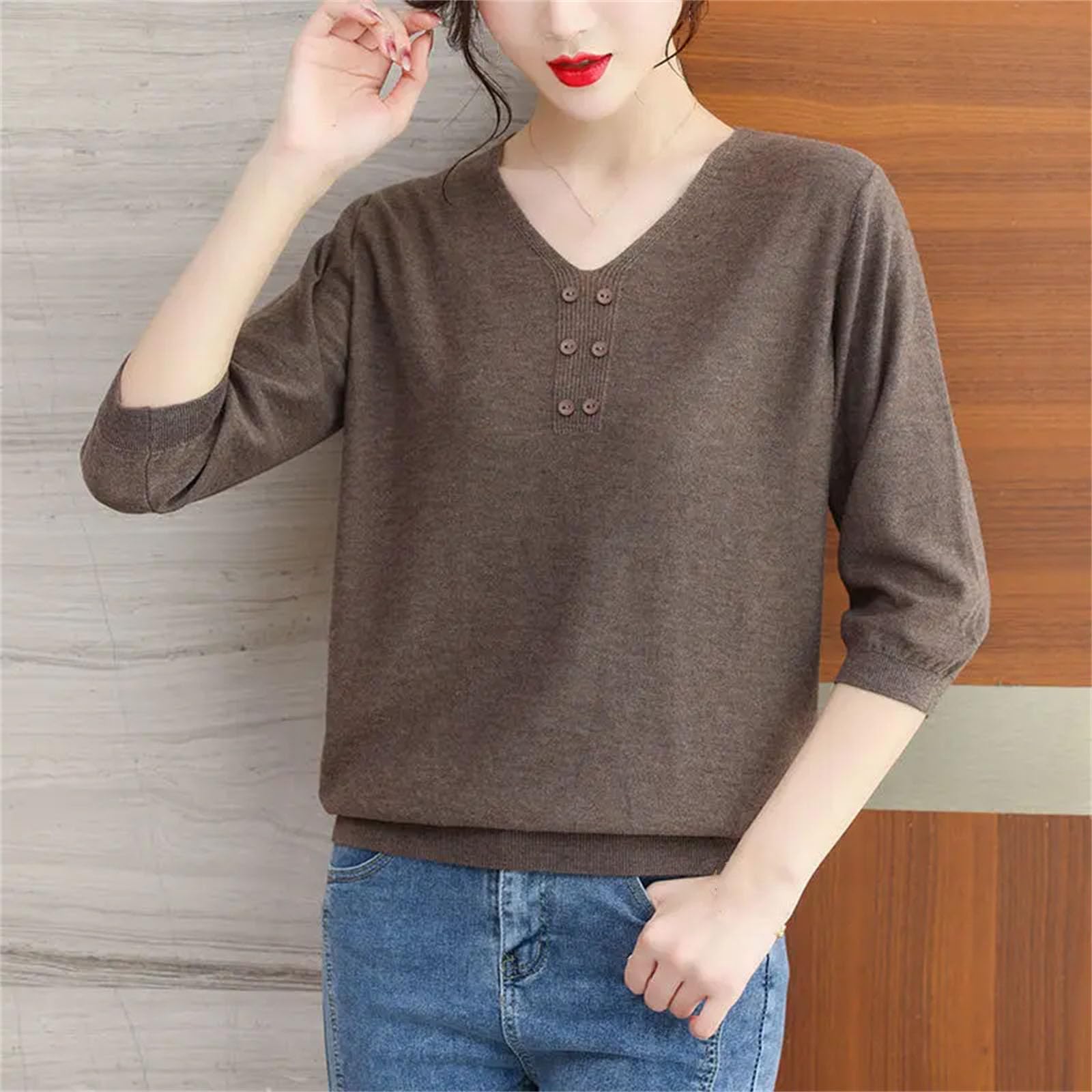 Maglietta da donna lavorata a maglia, mezza manica con scollo a V, tinta unita, stile vintage