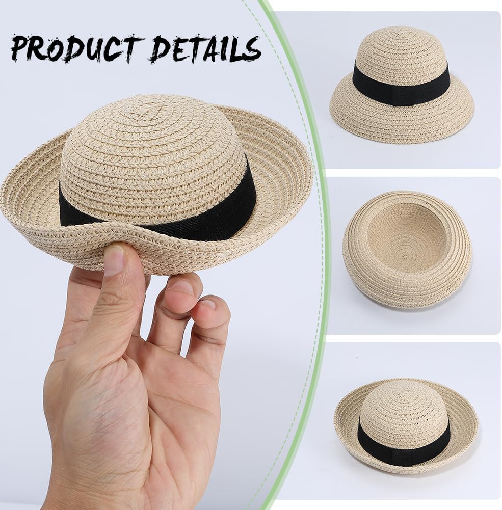 arricraft 2 Pcs Mini Straw Hats for Dolls, Miniature Knitting Straw Hat Mini Doll Hats Doll Ornaments for DIY Craft Dollhouse Decoration Party Accessories (Cornsilk) image 3