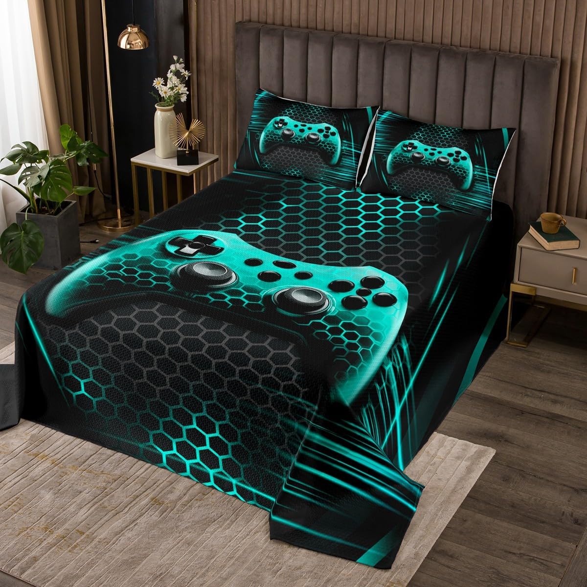 Video Game Kids Bedspread Twin Size,Gaming Gamepad Cow Skin Cowhide Coverlet Set,Boys Girls Men Room Decor,Western Cowboy Cow Skull Quilted Coverlet,Brown Rustic Retro Bedding Quilt,1 Pillowcase