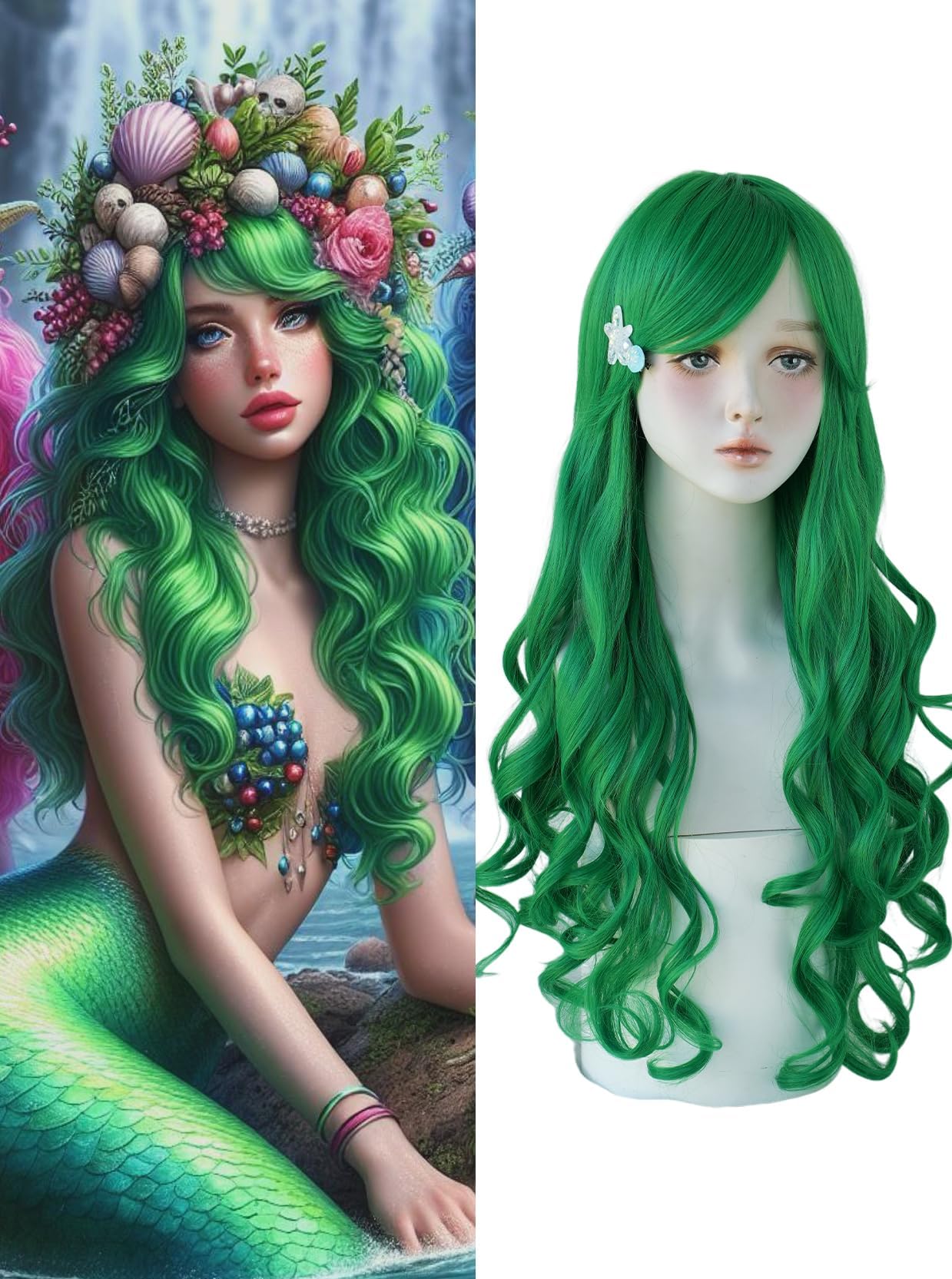 7JHH WIGSLong Wavy Costume Wigs Cosplay Mermaid Green Wig for Women Halloween Party Used High Temperature Heat Resistant Fiber Natural Hairline Cos Wig
