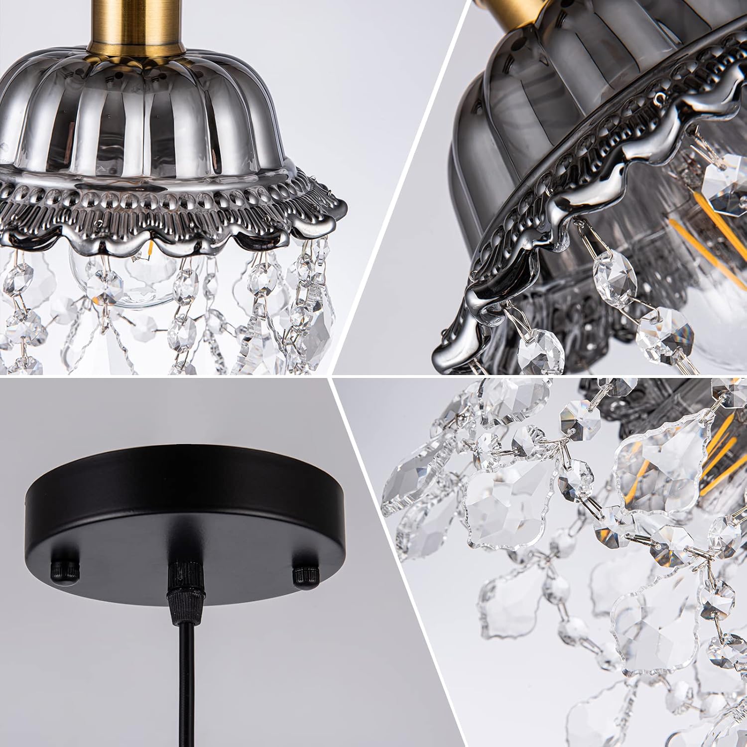 cloylinc Farmhouse Pendant Light 9.84" Modern Crystal Pendant Light Fixture with Gray Glass Shade, Adjustable Hanging Ceiling Light for Kitchen Dining Room Restaurant (E26) - - 
