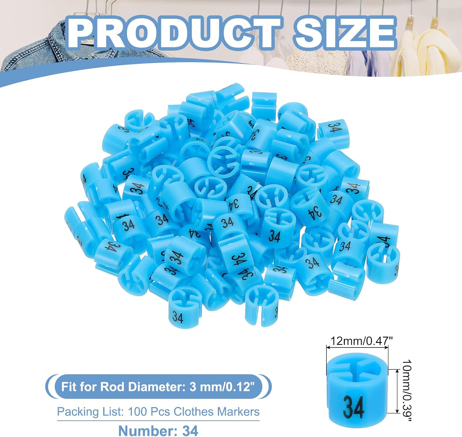 PATIKIL 100 Pcs Clothes Hanger Markers Number 34 Tags Fit 3mm Rod Garment Size Tag Hanger Clips Round Color Coding Label for Clothing Hangers, Blue