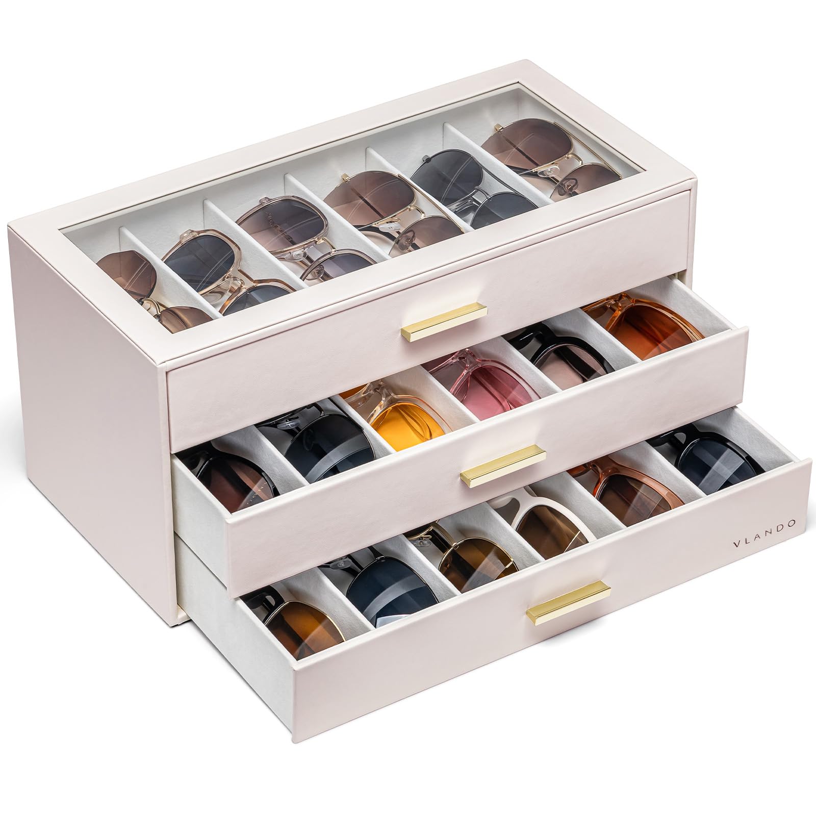 VLANDO 18-Slot Sunglasses Organizer with Clear Lid &amp; 3 Drawers,Apricot Pink