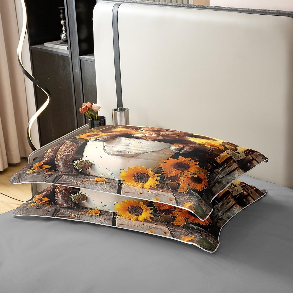 Manfei Highland Cattle Full Size Cotton Duvet Cover,Rustic Sunflower Farmhouse Animal Quilt Cover(No Filler),Western Cabin Cowboy Boots Vintage Comforter Cover for Kids Adults Bedroom