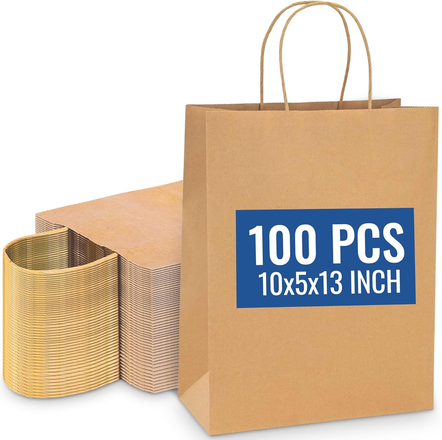 SNH Packing 100 Pcs 10x5x13 Inch Kraft Paper Gift Bags with Handles Brown Grocery Bag Large Size Ideal bags for small business, Party Favor, Bulk Retail & Shopping Bag