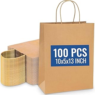 SNH Packing 100 Pcs 10x5x13 Inch Kraft Paper Gift Bags with Handles Brown Grocery Bag Large Size Ideal bags for small business, Party Favor, Bulk Retail & Shopping Bag