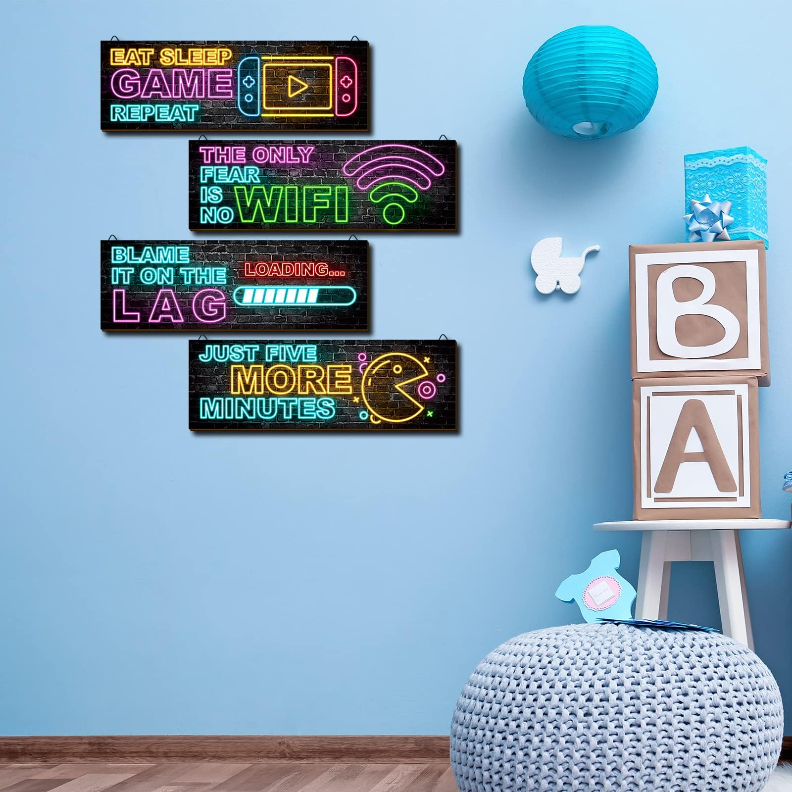 clothmile 4 Stück Neon-Gaming-Dekoration für Jungenzimmer, Holz-Videospiel, Wandkunst, motivierendes Zitat, Gamer, inspirierende Wanddekoration für Jungen, Kinderzimmer, Spielzimmer, Dekorationen (b)