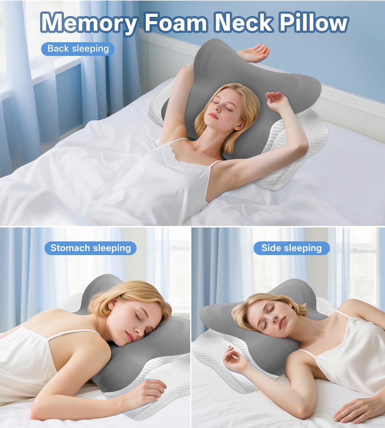 Memory Foam Pillow for Neck Pain - Cervical Neck Pillow for Side Sleepers Back Stomach Sleepers with Breathable Pillowcase, Ergonomic Pillow for Neck and Shoulder Pain (Grey) — view 5