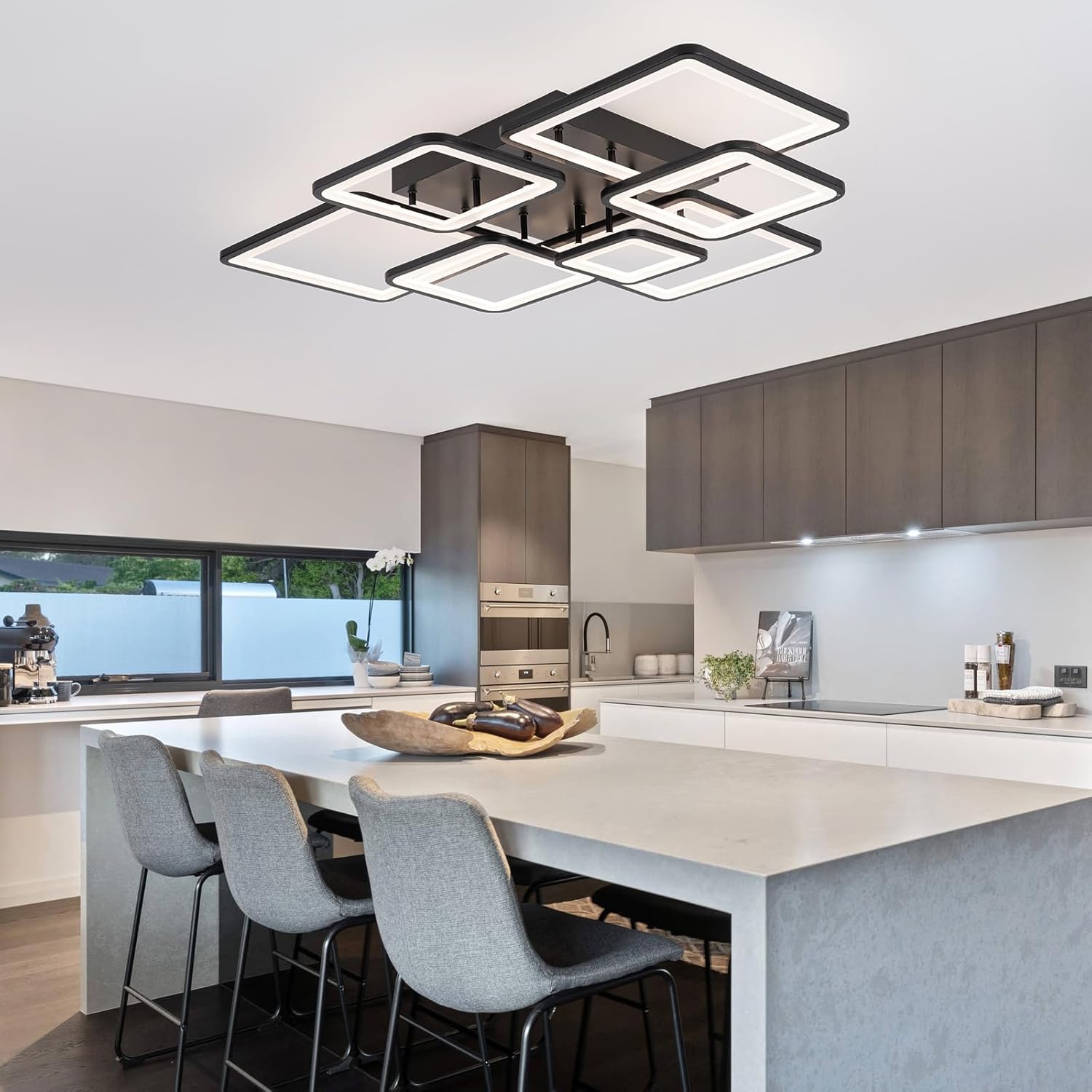 Modern LED Ceiling Light 35.04" Dimmable Black Flush Mount Ceiling Light with Remote 7 Rings 90W 3000K-6500K Ceiling Lamp for Living Room,Bedroom,Kitchen