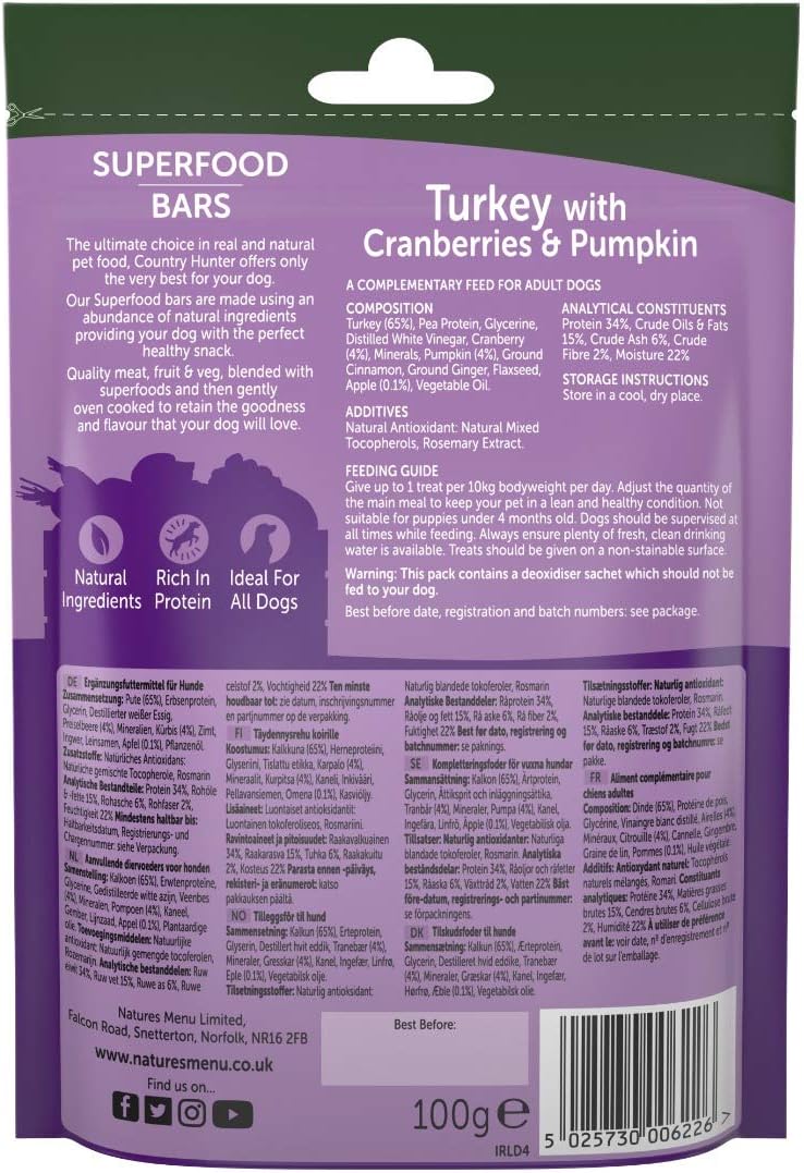 Country Hunter Natures Menu Superfood Bars Turkey with Cranberries & Pumpkin (7 x 100g)