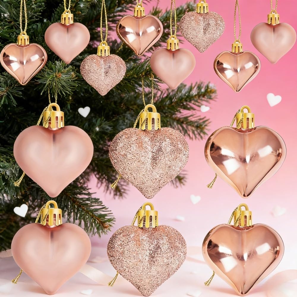 12PCS Rose Gold Heart Hanging Ornaments - 3-Style Shaped Baubles, Valentine’s Day Hanging Decor for Wedding, Anniversary Party & Home Tree Supplies