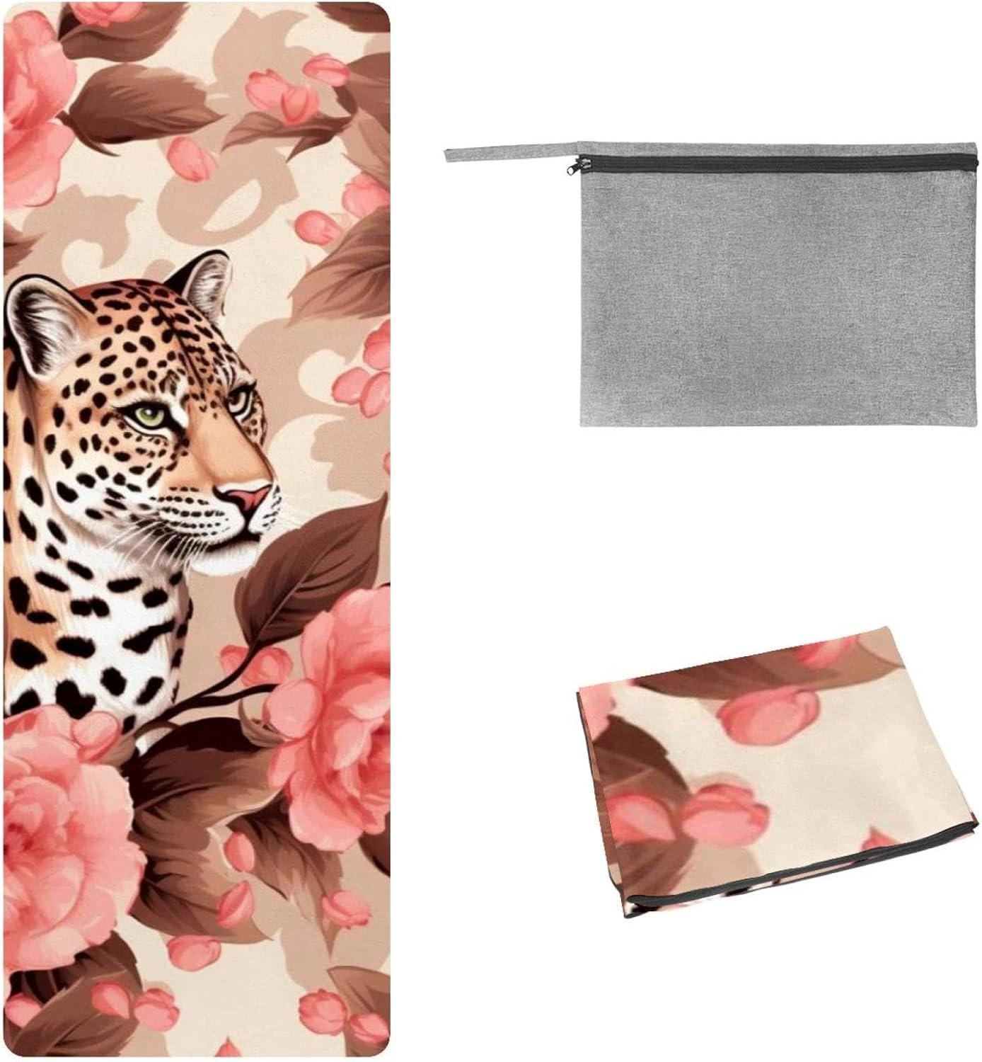 Yoga Towel, Leopard Rose Flower Non Slip Sweat Absorbent Hot Yoga Mat Towel for Hot Yoga, Pilates and Fitness - 72.8" x 26.8"