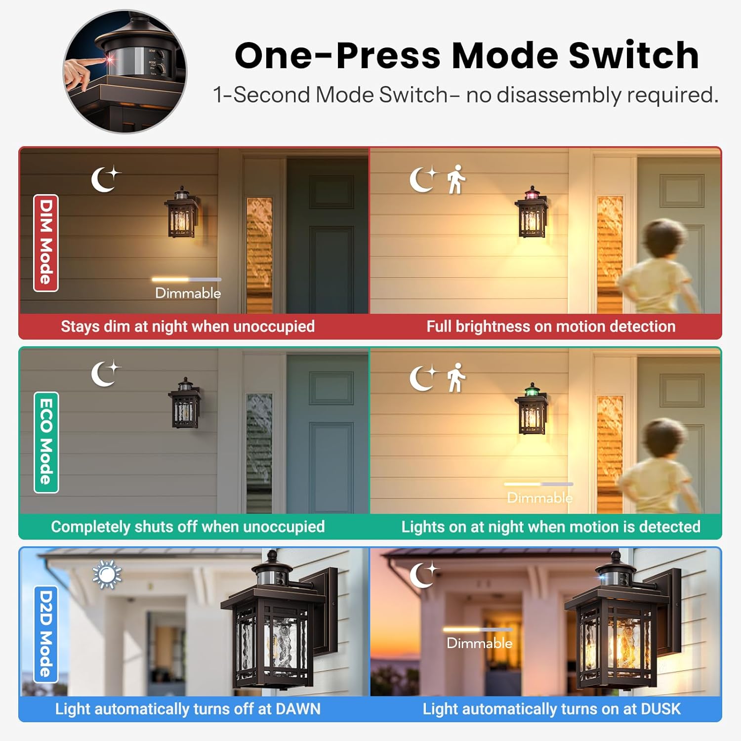 Gleamz 2-Pack Exterior Lighting Fixtures, Aluminum Motion Sensor Porch Light, Oil-Rubbed Bronze Gold Trim Outdoor Wall Lights for House, Waterproof Farmhouse Outdoor Porch Lights Wall Mount for Garage