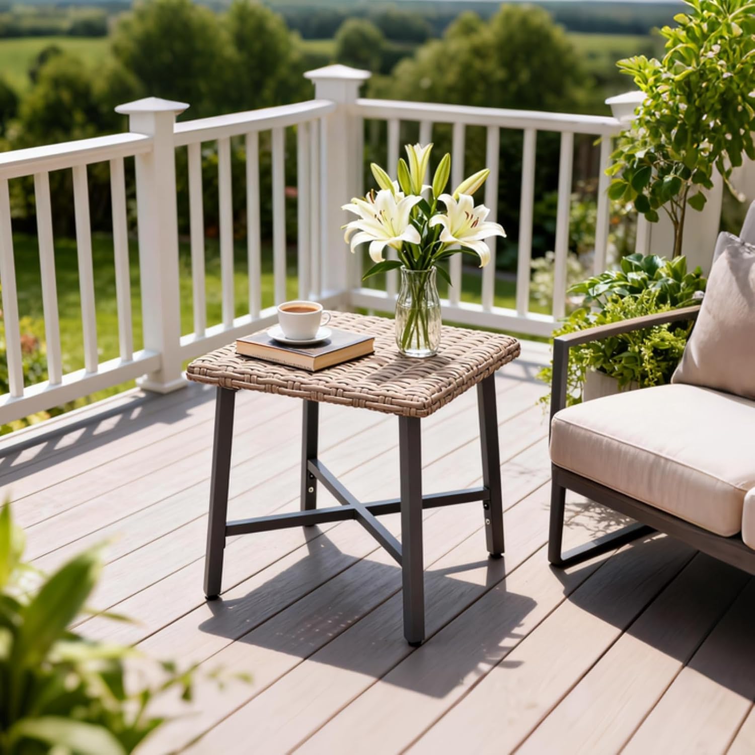 Loungewave Outdoor Side Tables for Patio, Small Wicker Patio Rattan Side Table, Outside End Table for Backyard, Porch, Pool, Weather Resistant & Easy Maintenance (Brown)