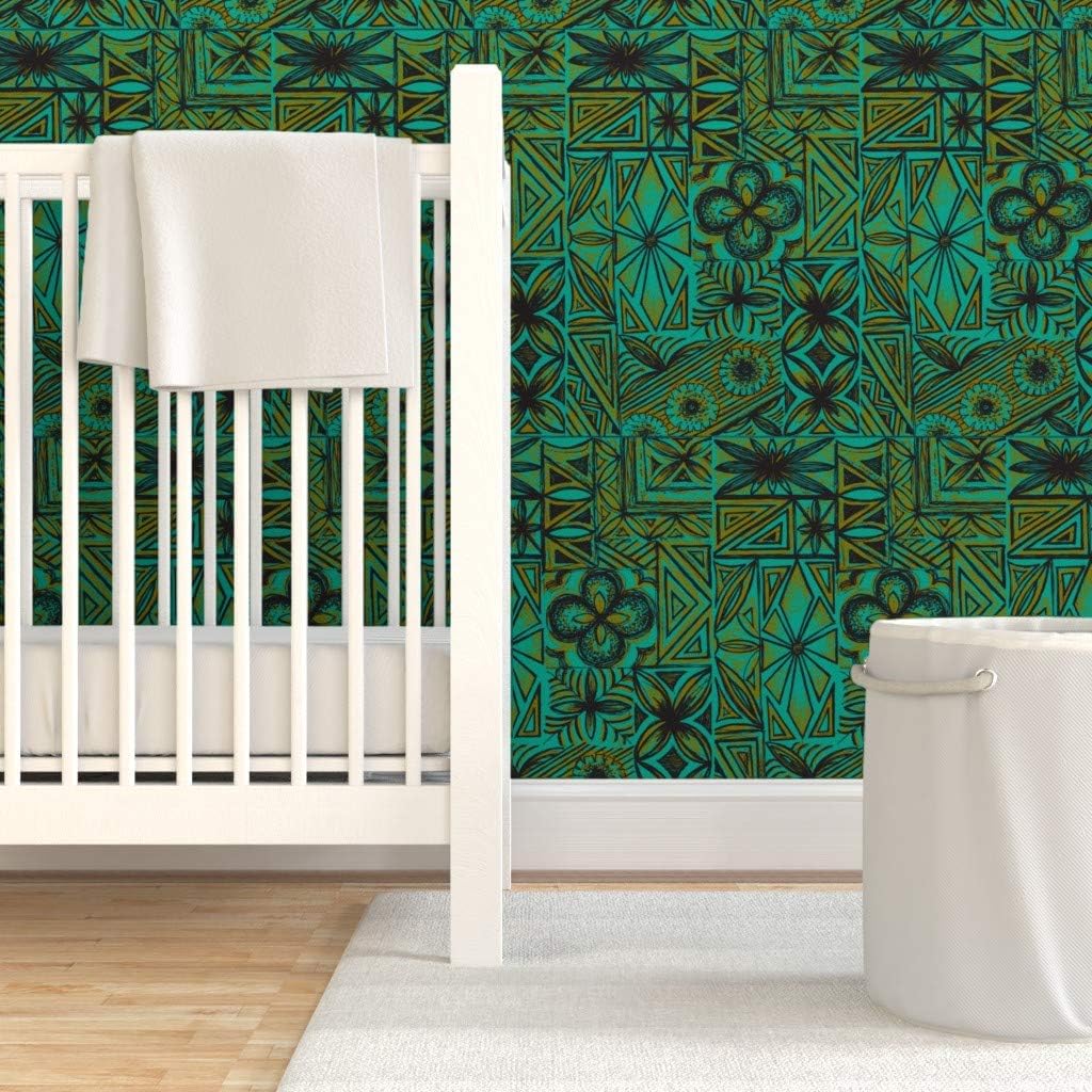 Peel & Stick Wallpaper 3ft x 2ft - Olive Ocean Hawaiian Vintage Tiki Mid Century Mod Black Custom Removable Wallpaper by Spoonflower