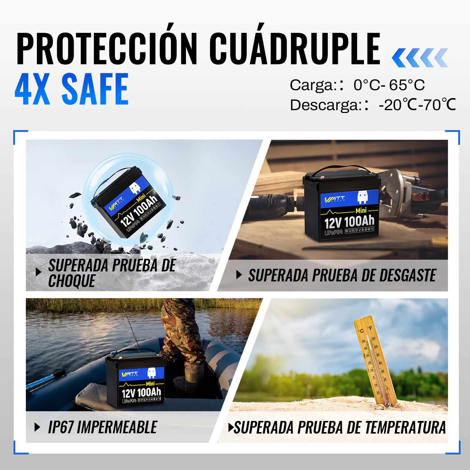 WattCycle Batería LiFePO4 Mini 12V 100Ah,Batería de Litio 1280Wh