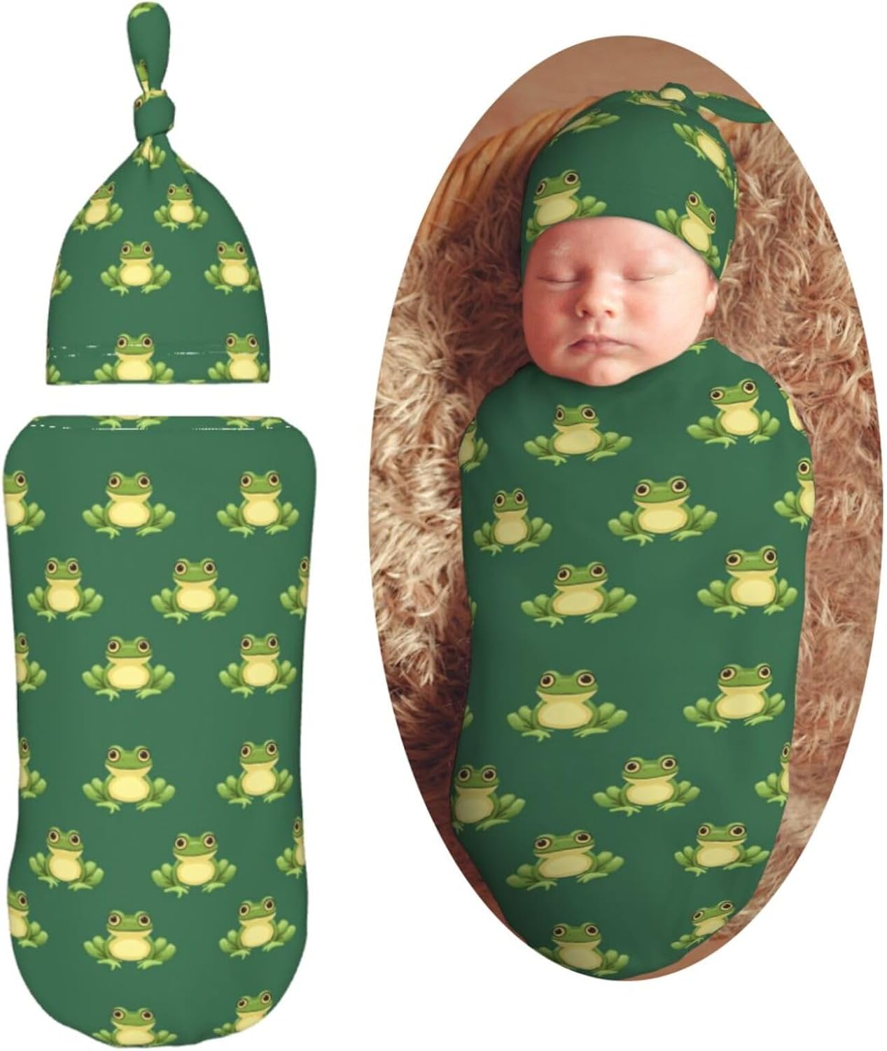 Funny Green Frog Newborn Swaddle Blankets Hat Sets Soft Baby Receiving Blanket Swaddle Sack for Baby Shower Infant Boy Girl Gift