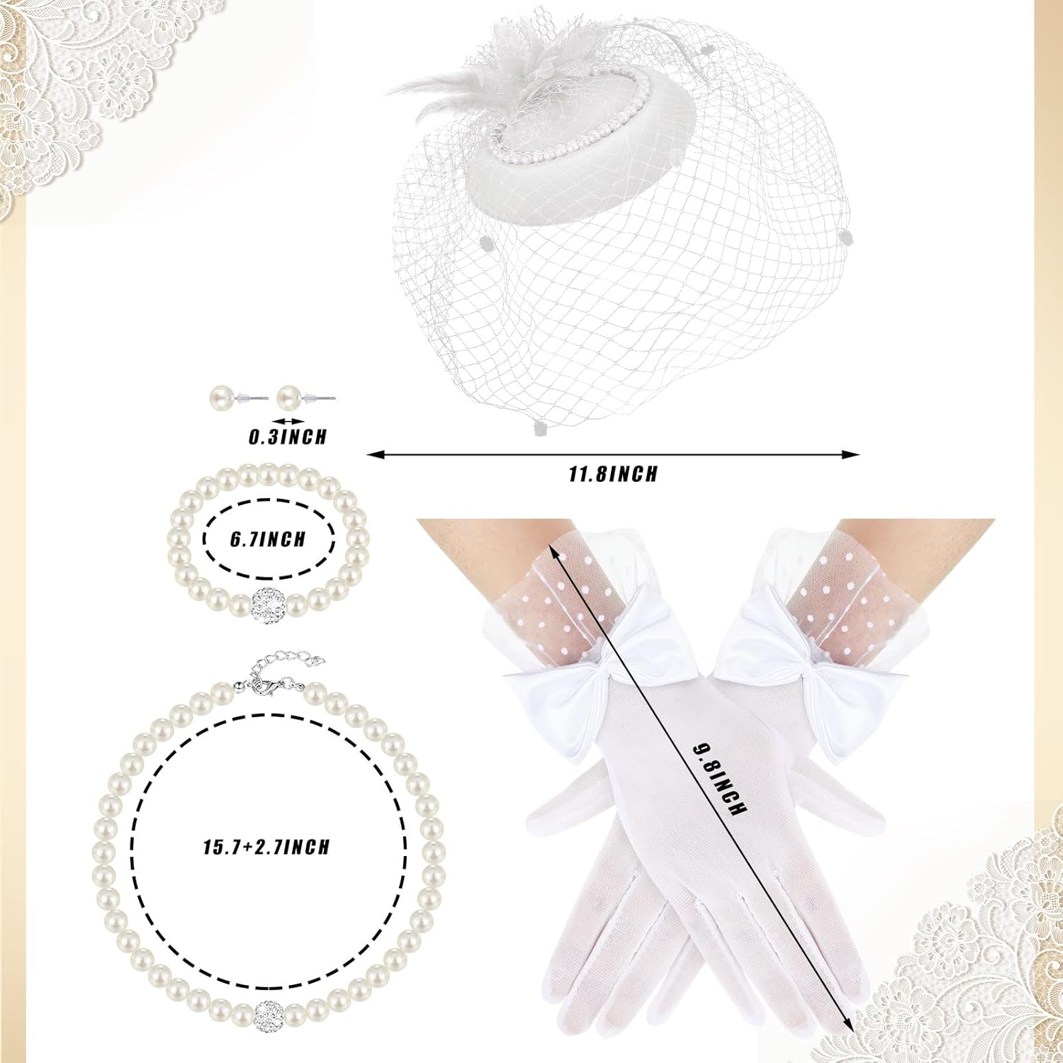 Geyoga 5 Pcs Vintage Fascinators Hat for Women Tea Party Hat and Lace Glove Set Veil Headband Pearl Jewelry for 1920s Party - Image 3