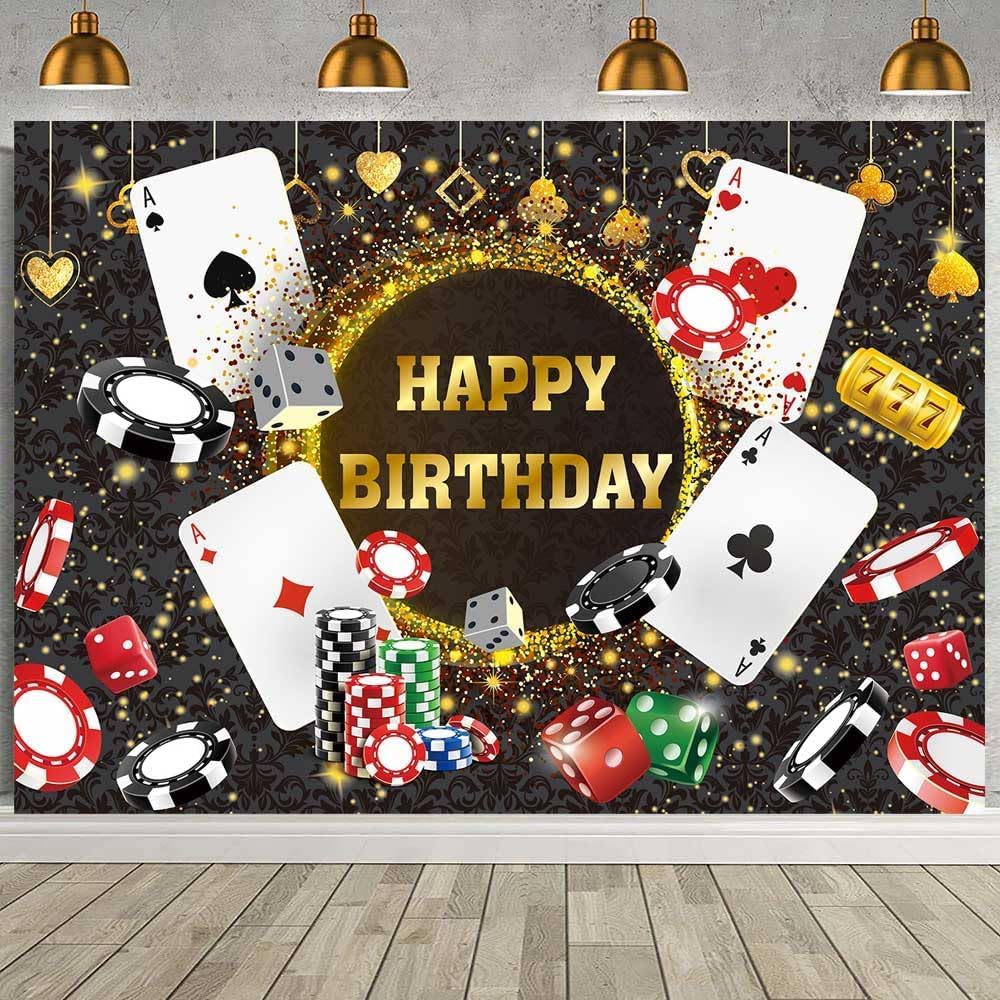 Casino Birthday Backdrop Las Vegas Casino Night Party Background for Casino Theme Poker Dice Gold Glitter Happy Birthday Party Decorations Banner ((