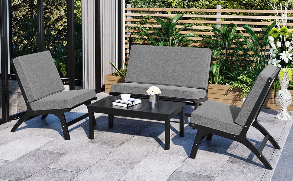 GO 4-Piece V-Shaped Seats Set, Acacia Solid Wood Outdoor Sofa, Garden Furniture, Outdoor Seating, Black and Gray