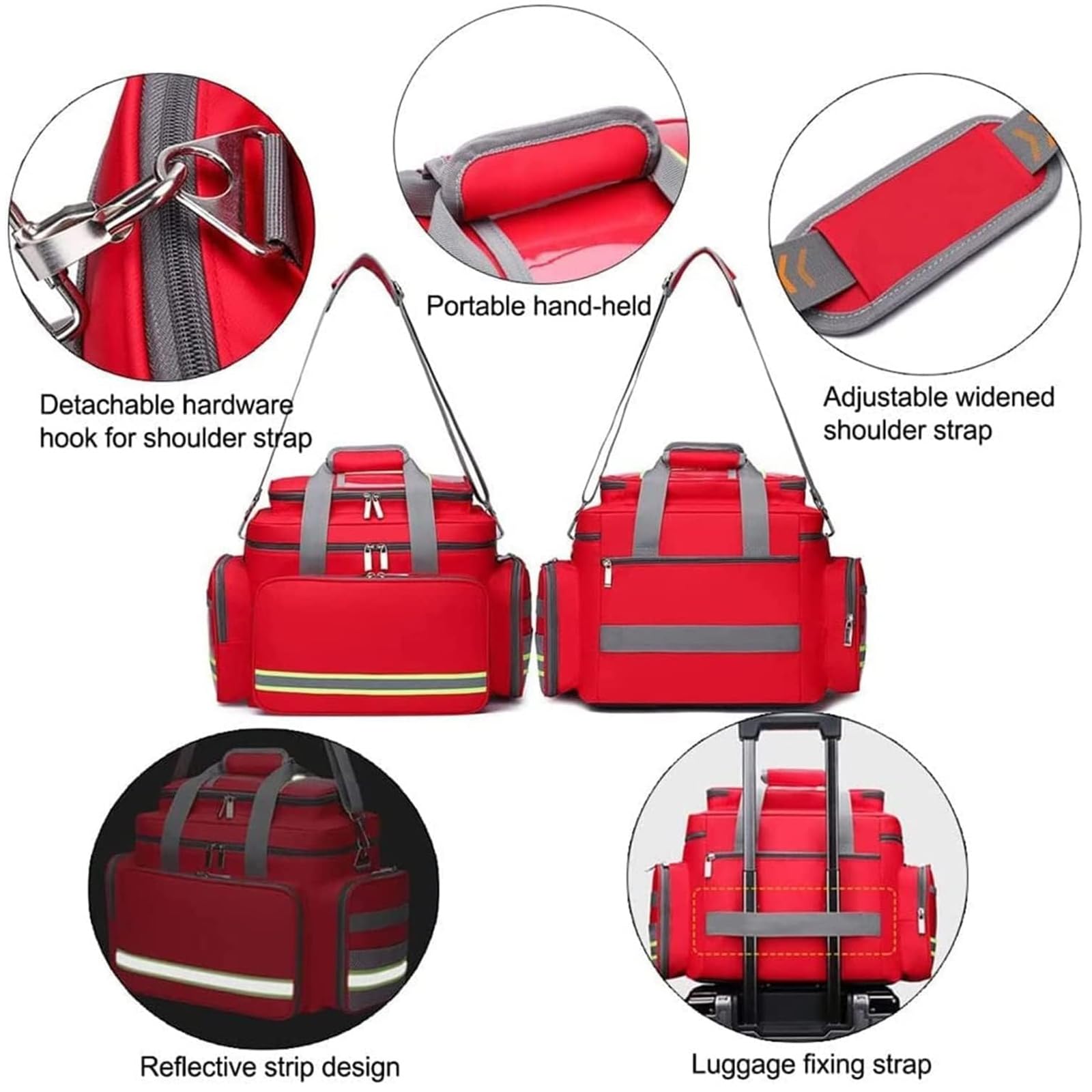 Bolsa de emergencia con múltiples bolsillos, mochila portátil de primeros auxilios con asa y correa para el hombro, diseño de tira reflectante para cuidado de la salud, viajes y rescate al aire libre