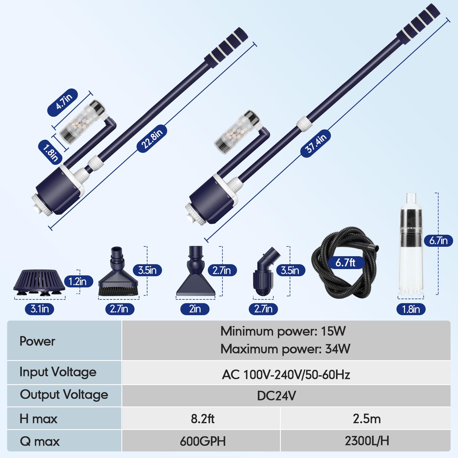 AQQA Odkurzacz do akwarium, DC 2300 l/h, regulowany przepływ wody, elektryczny odkurzacz mulmowy, do akwarium, 32 W, elektryczny odkurzacz mulmowy z potrójną filtracją do wymiany wody, czyszczenie