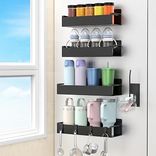 HuggieGems Magnetic Fridge Water Bottle Holder for Stanley Tumblers - 4 Pack Black Cup Organizers with Hooks & Lids