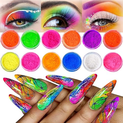 Neno Pigment Powder for Nails, 12 Colors Fluorescent Rainbow Resin