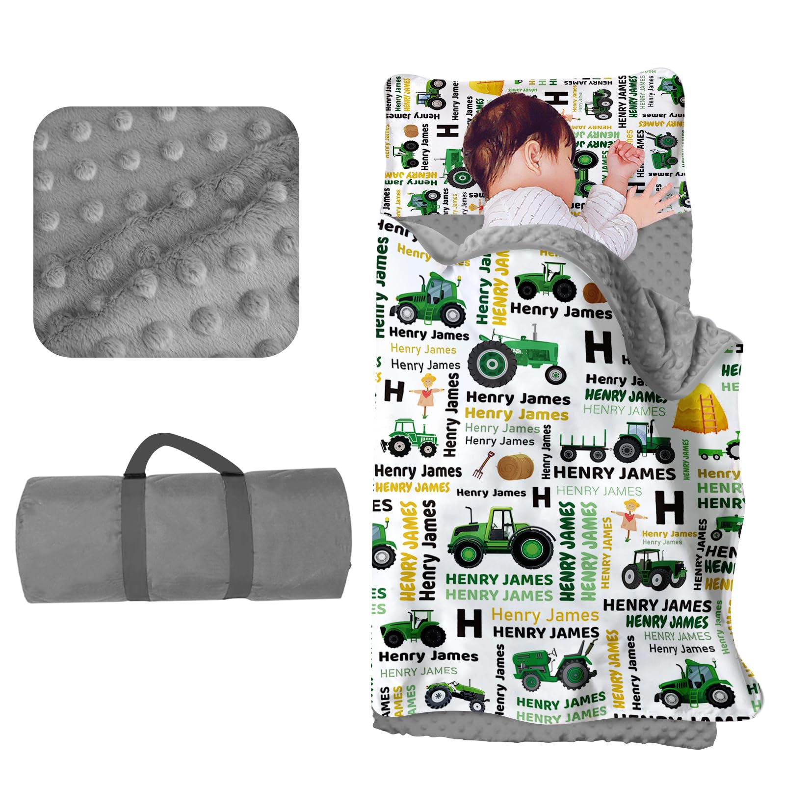 Custom Toddler Nap Mat for Preschool - Personalized Name Kids Nap Mats for Daycare Kindergarten Boys Sleeping Bag with Pillow Blanket Set, Thick Padded Easy Roll Up Green Tractor