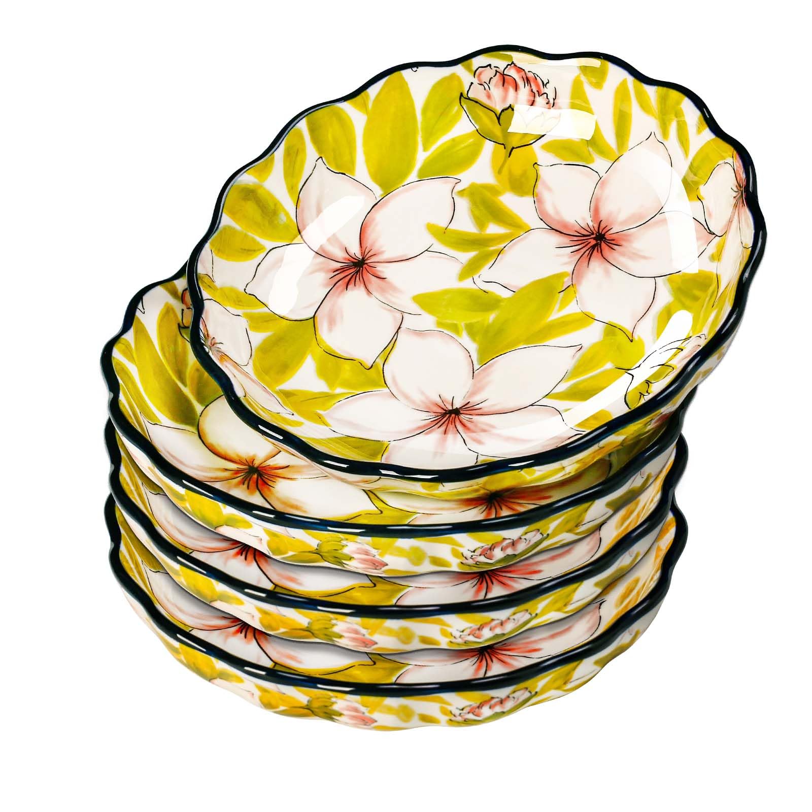 Gnlnkn 8-Inch Ceramic Dinner Plates set of 4, Hand-Painted Floral Design, Scalloped Edges, Dishwasher & Microwave Safe, Decorative Plate set for Serving & Entertaining