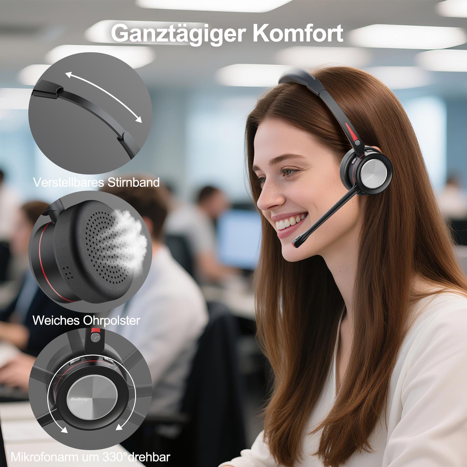 Headset mit Mikrofon Kabellose, Bluetooth Headset für PC Laptop, Noise Canceling Wireless mit Mikrofon Stummschaltung & USB-Adapter für Computer Teams Telefon Call Center Büro