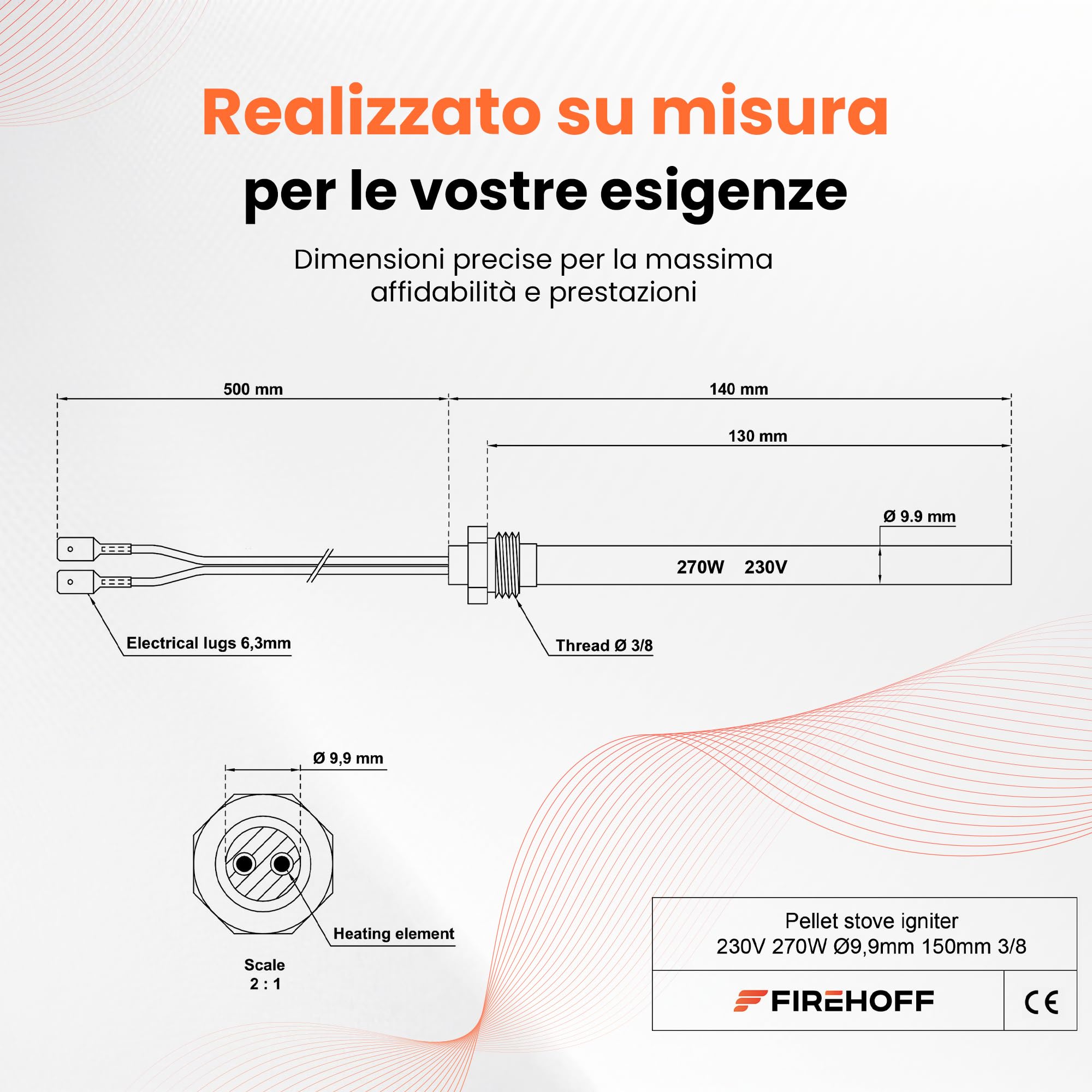 Candela di accensione per stufa a pellet, 270 W, 130/140 mm, diametro 9,9 mm, filettatura 3/8 con connettori rapidi, GARANZIA DI 2 ANNI