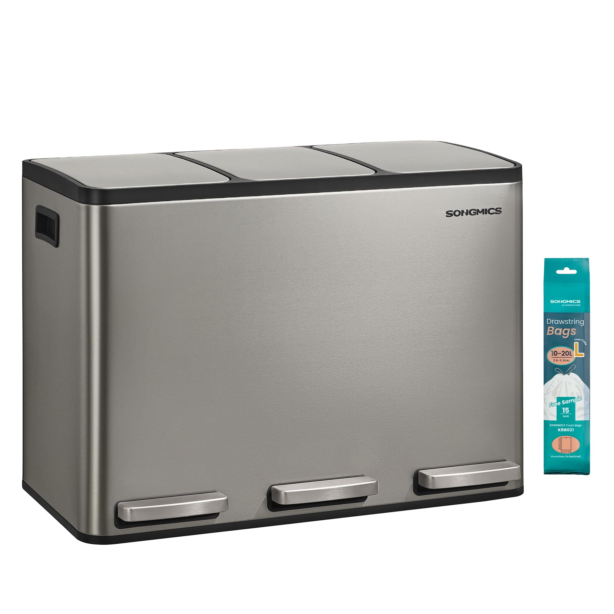 SONGMICS Mülleimer Küche, 3 x 15 L, Mülltrennsystem 3 Fächer, Abfalleimer mit 15 Müllbeuteln, Tretmülleimer, Inneneimer herausnehmbar, Softclose-Deckel, Griffe, Edelstahl, silbern LTB145EZ01