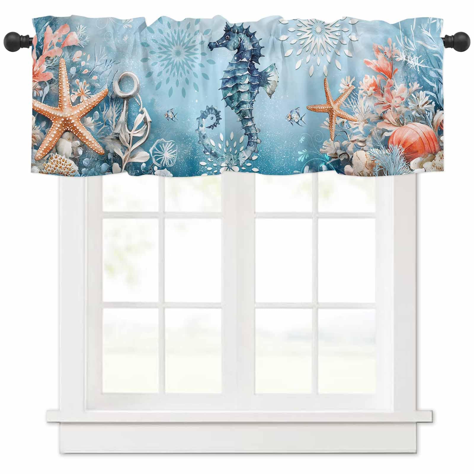 RisQiten Blue Coastal Seahorse Valances for Windows, Summer Beach Kitchen Curtains Window Treatment, Nautical Starfish Botanical Rod Pocket Short