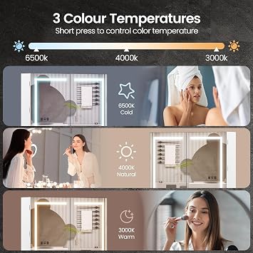 Bathroom Mirror Cabinet with Lights, Demister, Dimmable, 3 Colour Light, Wall Mounted LED Mirror Cabinet with Shaver Socket, 800x600mm