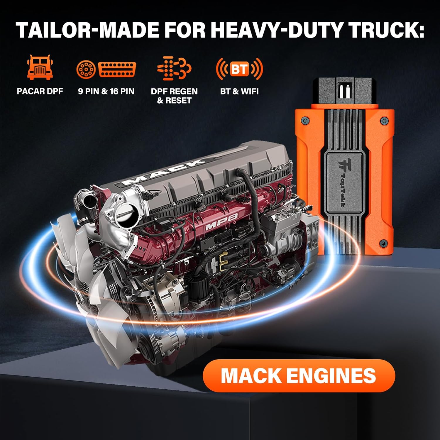 TopTekk DPF Regeneration Scanner connected to a Mack engine