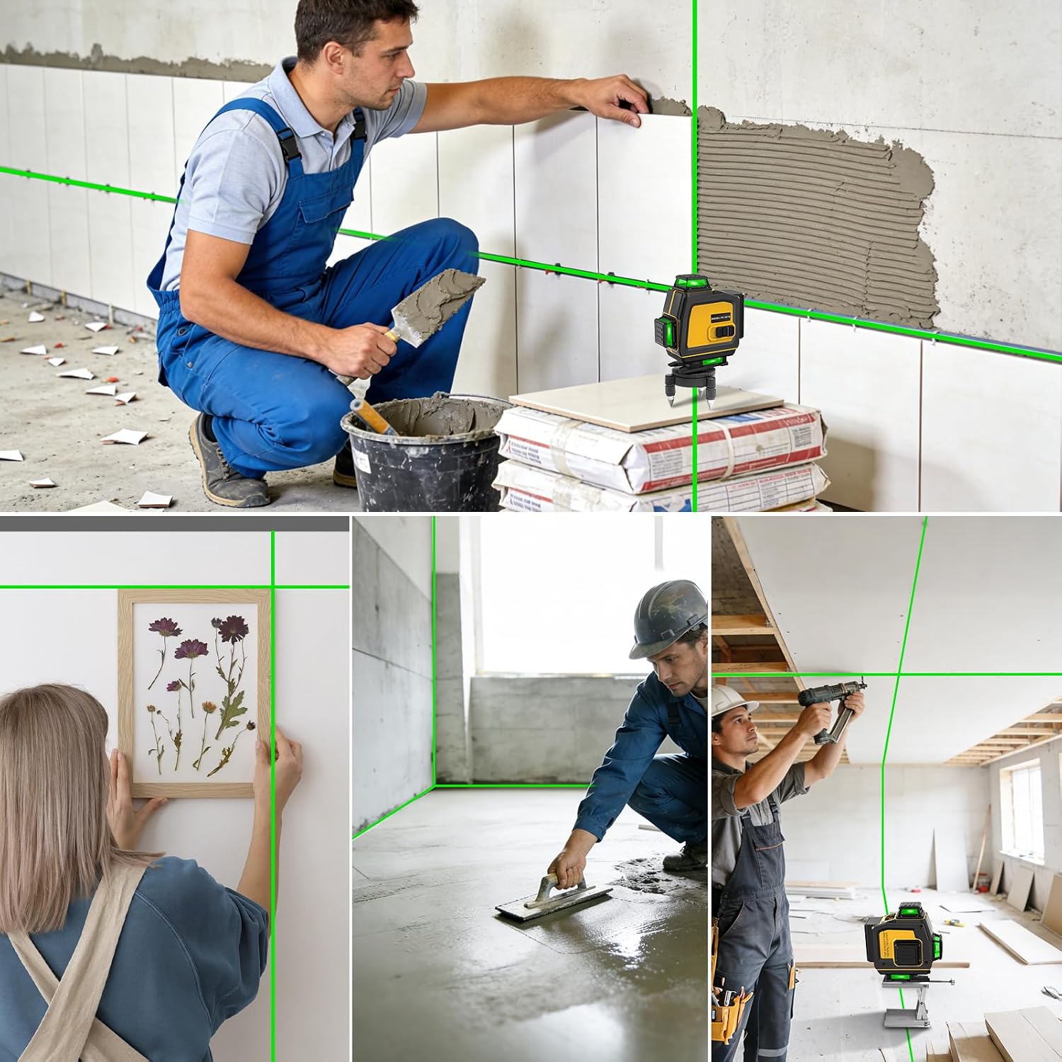 Laser Level 360 Self Leveling 4x360° 16 Lines Cross Line 4D Green Laser Level Tool with 2 Batteries, Charger, for Construction/Picture Hanging/Floor/Tile(Laser Class ll, <1mW Power Output)