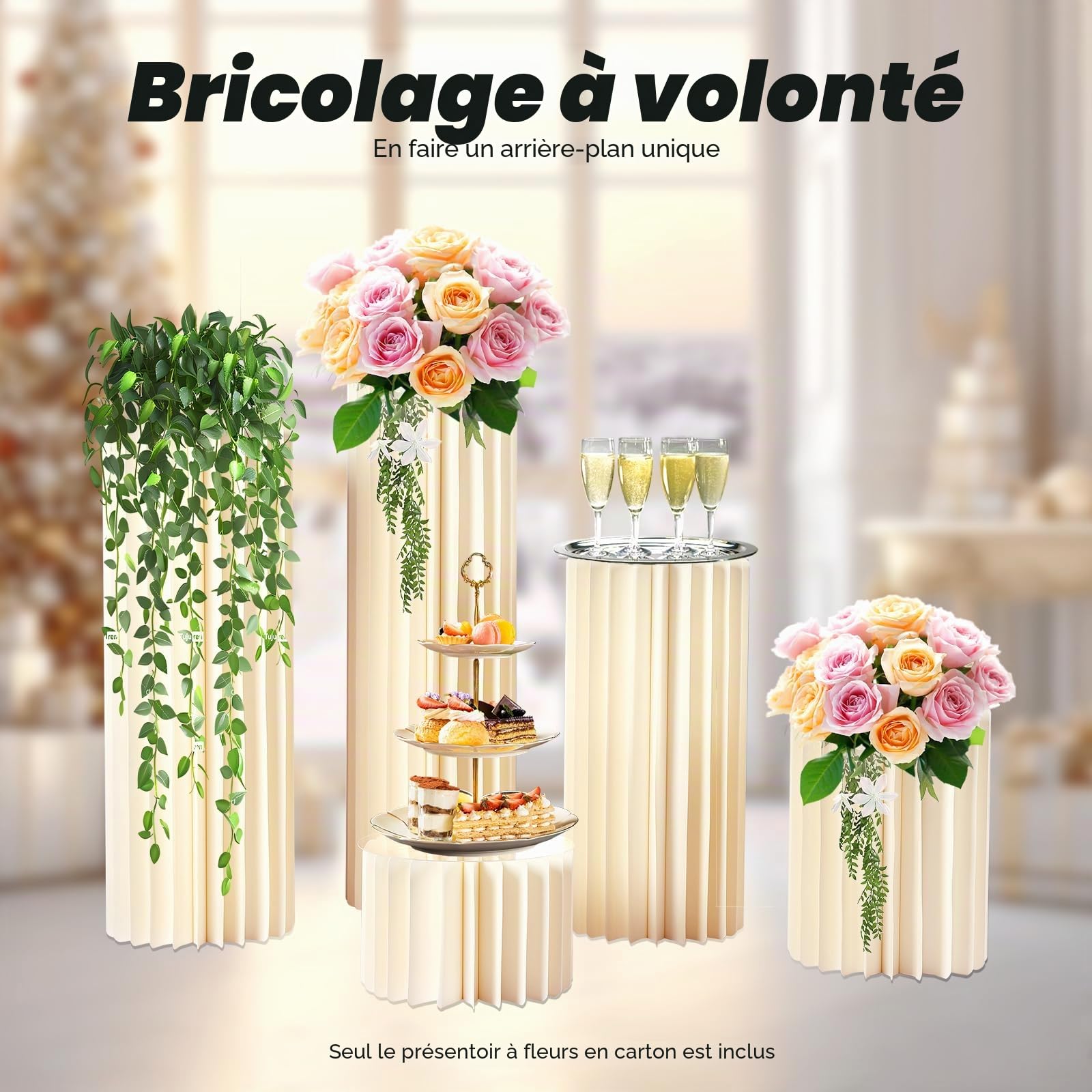 Lot de 5 supports de fleurs pliables en papier blanc, 20/40/60/80/100 cm de haut, en papier blanc, support à gâteau, support cylindrique avec panneau en PVC, présentoir pour mariage, anniversaire
