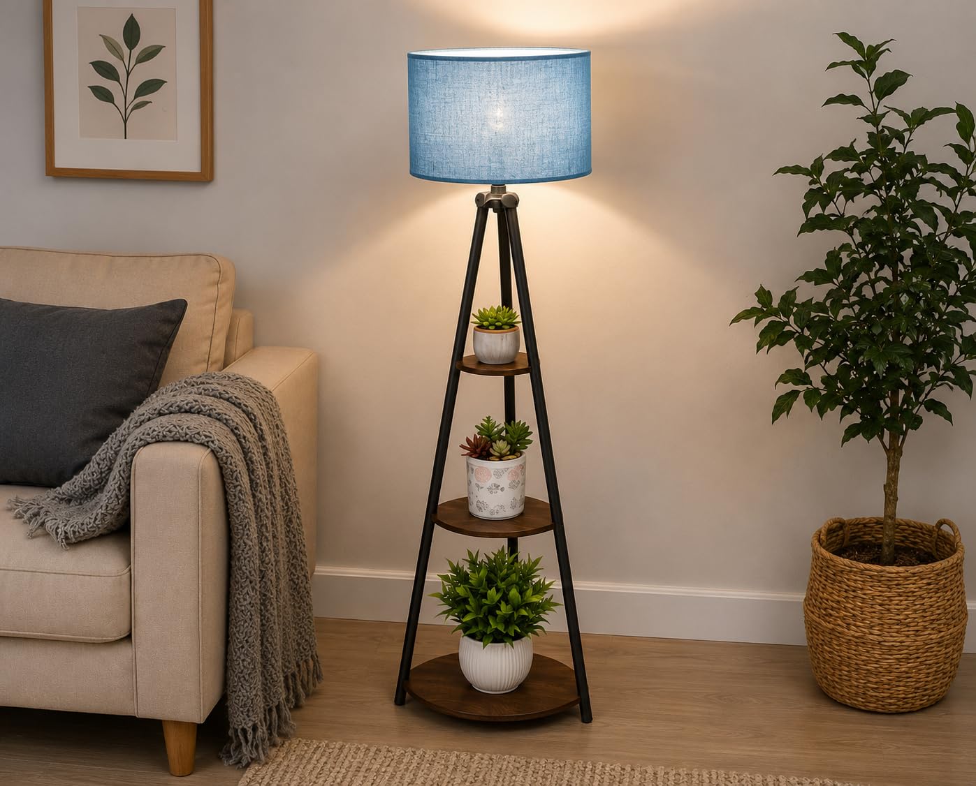 Premium Tripod Floor Lamp with Wooden Display Shelves | Modern Standing Lamp with Fabric Shade | Luxury Home Decor Light for Living Room, Bedroom & Office | Black Finish-image-40
