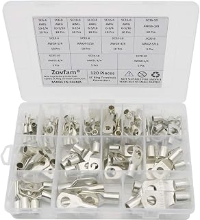 120 Pcs Assorted Heavy Duty Wire Lugs Battery Cable Tinned Copper Eyelets Tubular SC Ring Terminals Connectors with Spy Hole Assortment Kit