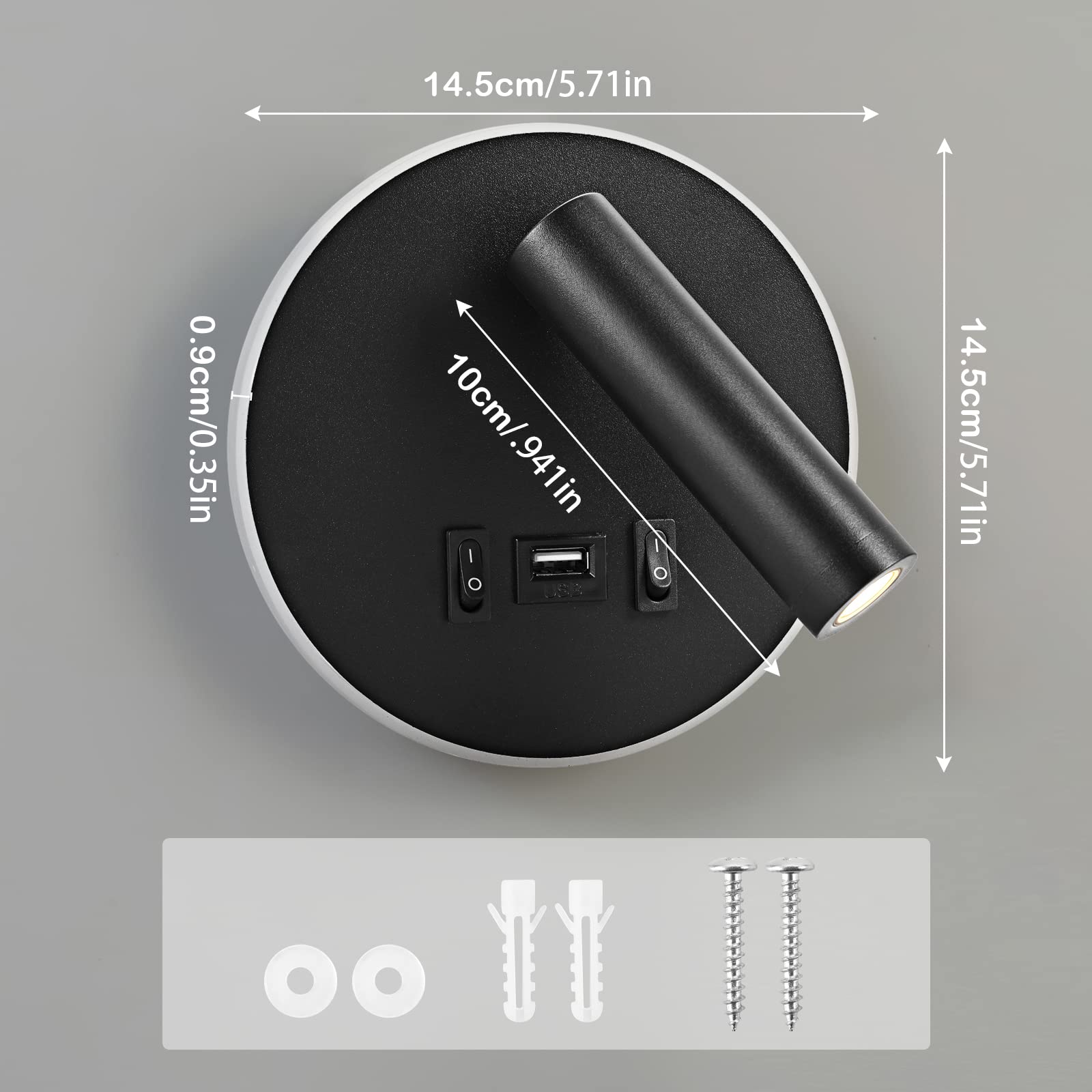 LED wandleuchte mit schalter, Innen Leseleuchte (3 W 3000K + 9 W 3000K), nachttischlampe am Bett wandmontage mit USB Ladeanschluss und Schalter, dimmbares Spot Schlafzimmer Stimmungslicht (2 Schwarz)
